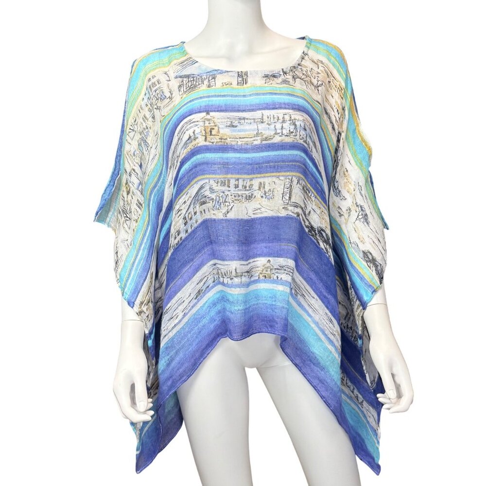 Chicos Poncho Womens S/M Blue Multicolor Linen Boatneck Striped Lightweight Flow